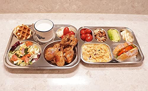 Korean Stainless Steel Divided Plates, Food Grade 304 Tray Large Size for Adults, Teens, Picky Eaters, Campers, BPA Free, Diet Portion Control, Serving Platter, Dinner Snack, Set of 2