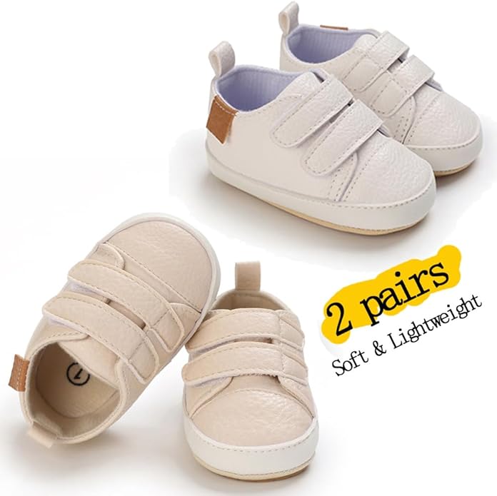 2Pairs Baby Shoes,Boys Girls Non-Slip Rubber Sole Sneakers,Unisex Infant Soft Lightweight First Walking Crib Shoes