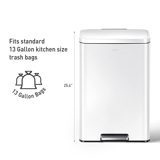 EKO Madison Matte White 50 Liter/13.2 Gallon Step Trash Can with Inner Liner - Fingerprint Resistant Finish
