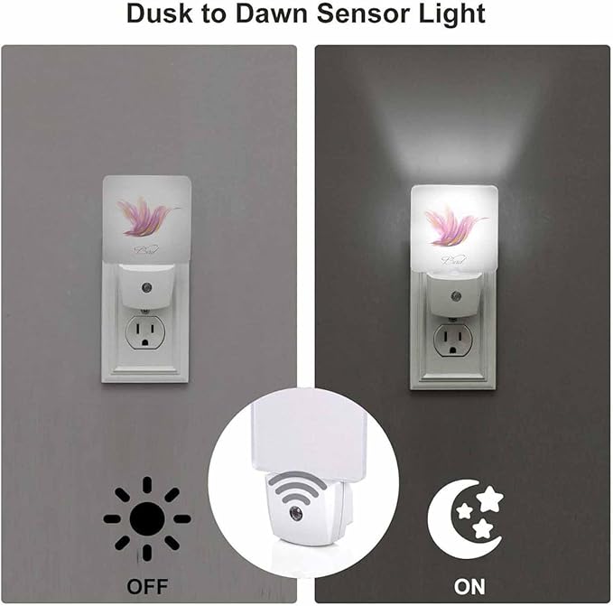 LED Night Light,Shiny Lavender Striped Hummingbird LED Night Light Plug into Wall with Dusk to Dawn Light Sensor White Energy Efficient Nightlight for Bedroom Bathroom Hallway Living Room Kitchen