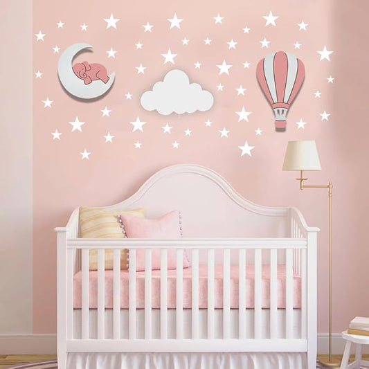 Dreamy Skies Nursery Wall Set – Elephant on Moon, Hot Air Balloon & Star Stickers Pink Style Girls Room Decor