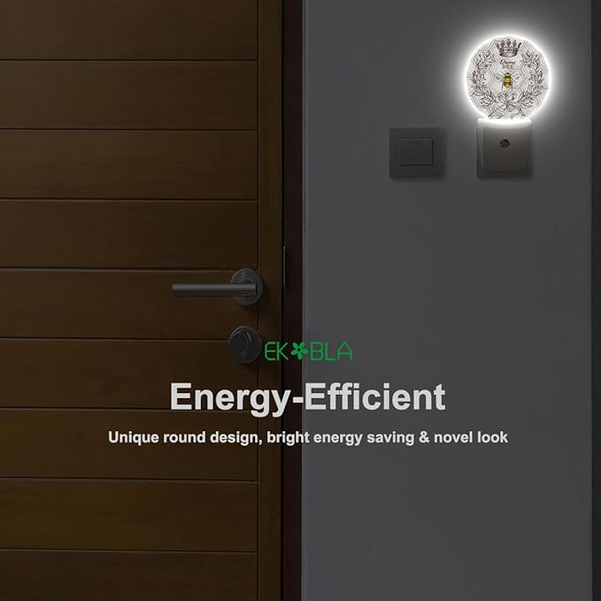 EKOBLA Queen Bee Night Light - Round LED Wall Plug-in Nightlights with Auto Sensor, Dusk to Dawn Lighting for Bedroom, Hallway & Kitchen (Bee Theme)