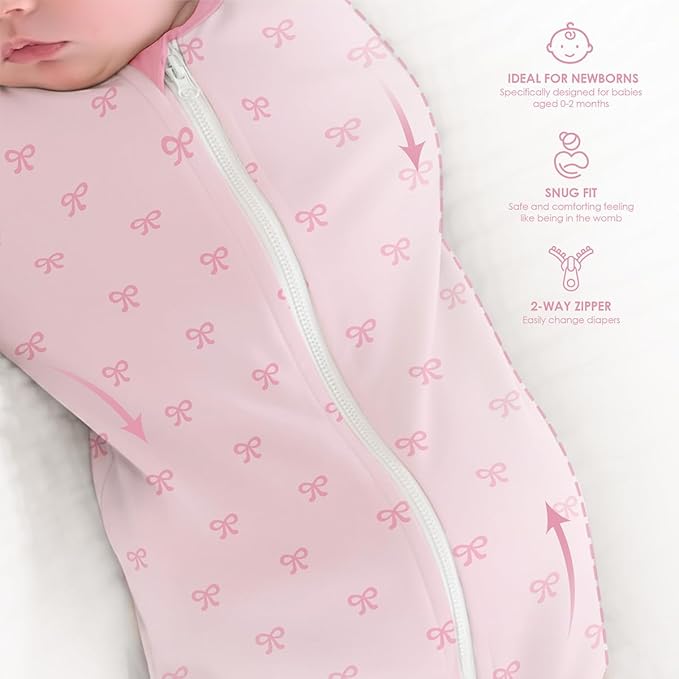 Baby Swaddle 0-2 Months, Cotton Arm-In Zipper Sleep Sack, Wearable Blankets Wrap for Newborn Infant Girls (Bow, Pack of 1)