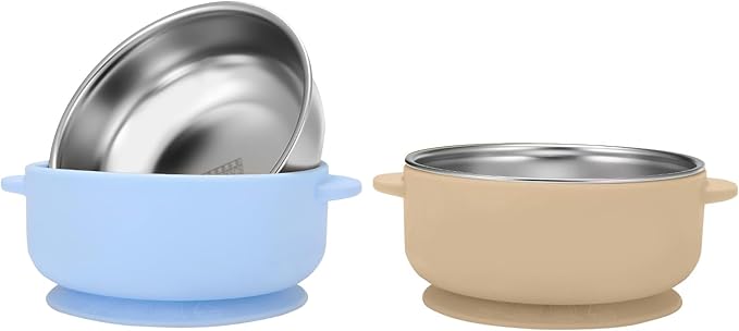 2 Pack Stainless Steel Baby Bowls with Removable Non-Slip Silicone Suction Shell, Anti Scald Food Container for Baby Food Feeding-Skyblue & Cream