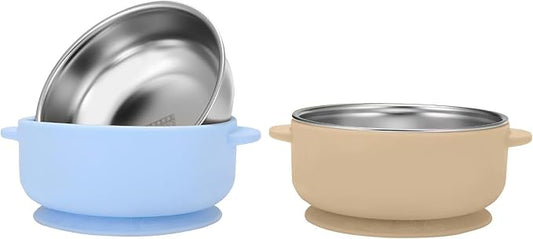 2 Pack Stainless Steel Baby Bowls with Removable Non-Slip Silicone Suction Shell, Anti Scald Food Container for Baby Food Feeding-Skyblue & Cream