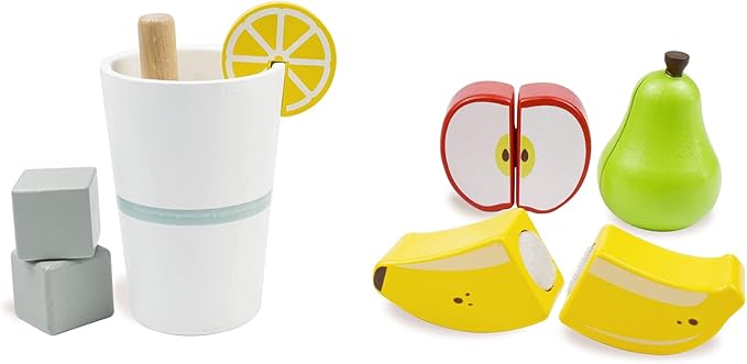 PairPear Wooden Smoothie Blender Toy – 14 Piece Kids Kitchen Accessories Set with Cup, Ice Cubes & Fruit – Pretend Play Juice Maker for Boys & Girls Ages 3+