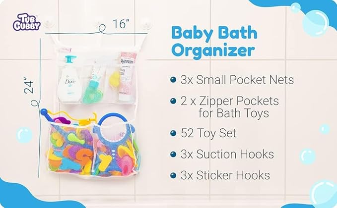 Tub Cubby Bath Toy Storage Organizer | 14"x20" Mesh Shower Caddy | Suction Cup & Adhesive Hooks | Toy Storage Net Organizer | Kids Bathroom Decor, Bedroom & More | Extra Hooks