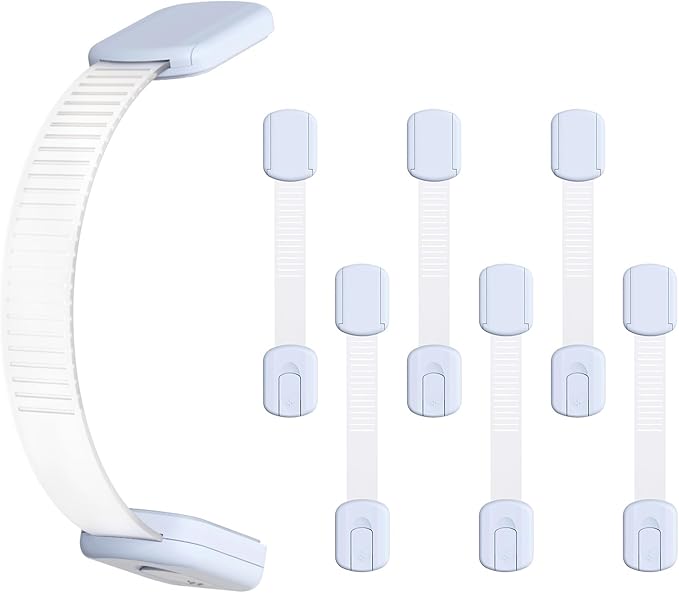 10-Pack Child Safety Cabinet Locks，Adjustable No Drilling Baby Proofing Strap Latches for Drawers,Cupboard,Cabinets,Fridge,Toilet Seat,Door,Closet–No Tool Easy 3M Adhesive Installation