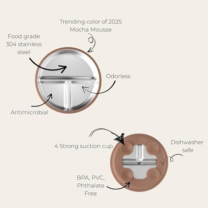 Stainless Steel Toddler Feeding Set 4 Pieces – Suction Plate, Silicone Bib, Spoon & Fork – Divided Plates for Baby Led Weaning, BPA-Free, Removable Shell (Mocha Mousse)