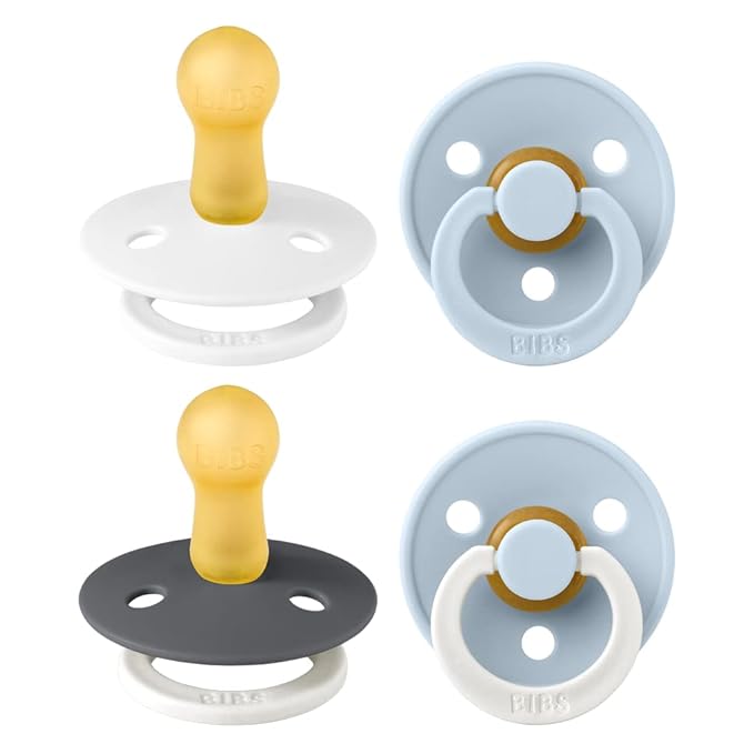 BIBS Colour Soother 4-Pack | BPA Free Dummy Pacifier | Round Nipple | Natural Rubber Latex | Made in Denmark | Size 6-18 Months | White Glow Mix
