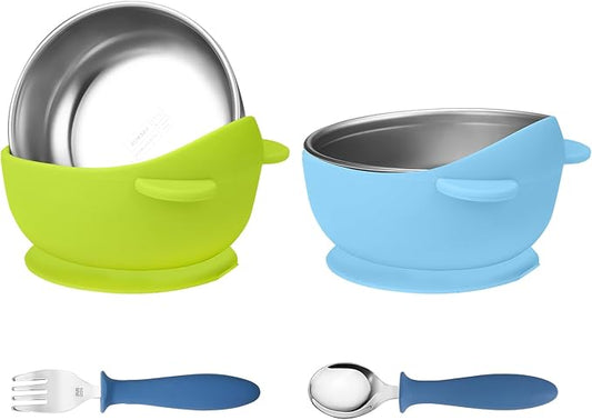 2 Pack Stainless Steel Baby Bowls with Removable Non-Slip Silicone Suction Shell, Anti Scald Food Container for Baby Food Feeding, Forks + Spoons Included -Blue & Green