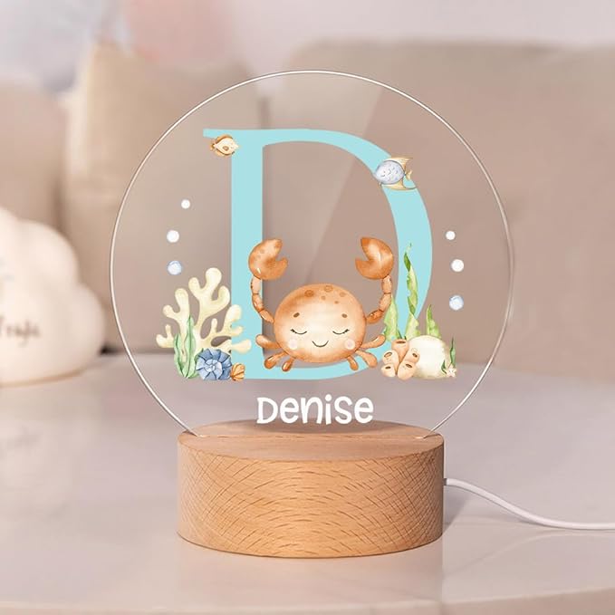 callie Acrylic Night Light Name Plate Personalized, Custom Cute Fox Deer Turtle Forest Animal with Wooden Base Bedroom Decor, Birthday Gifts Kid Gifts for Family (Animaux Marins)
