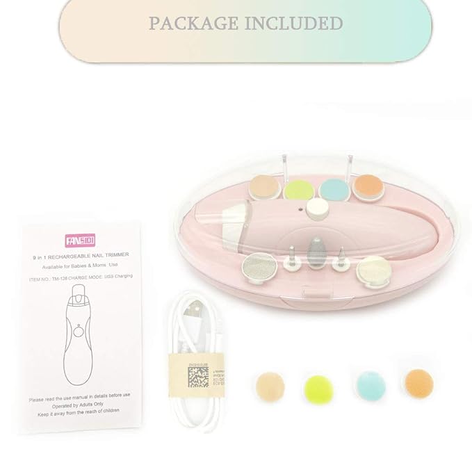 Rechargeable Baby Nail File, Fansidi Electric Baby Nail Trimmer for Newborn Infant or Toddler Toenail and Fingernail - Girls and Boys Accessory - Extra Replacement Pads Included (Pink)