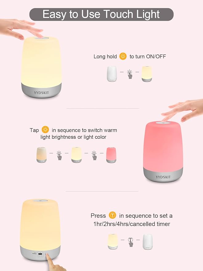 Night Light for Kids & Nursery - Rechargeable Touch Lamp, Portable Nursing Lamp with Soft & Warm Light for Newborn, 3 Timers, Up to 200H