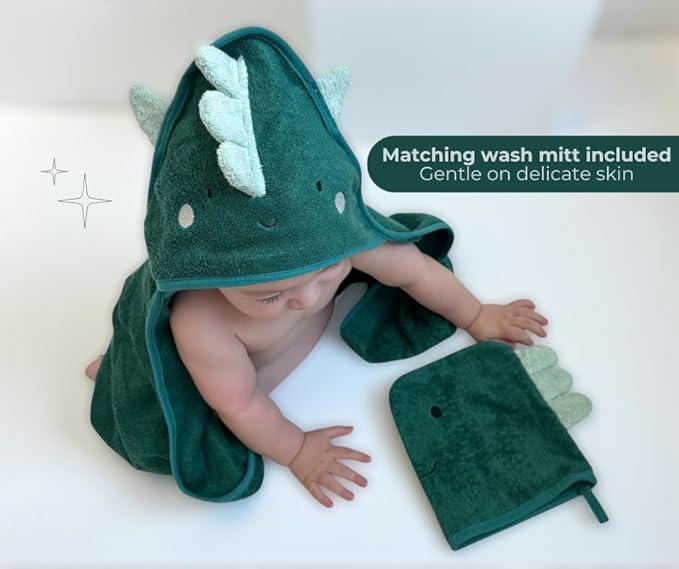 Hooded Baby Towel with Mitt - Ultra Soft Plush Bath Essential for Newborn, Infant & Toddler - Premium 30x30 Inch Large Absorbent Baby Bath Towels with Hood for Boys & Girls (Happy Dino)