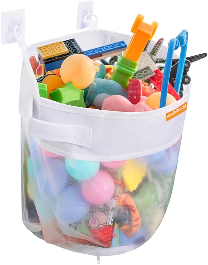 Bath Toy Organizer – Large Capacity Mesh Storage with Wide Opening, Quick Release Bottom Zipper, Wall-Mounted & Foldable, Quick Dry Baby Bathtub Toy Holder, Multi-Use Bathroom Organizer