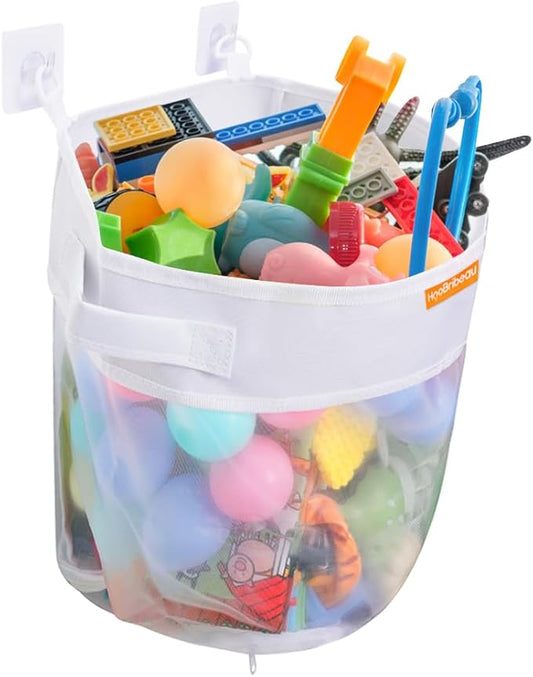 Bath Toy Organizer – Large Capacity Mesh Storage with Wide Opening, Quick Release Bottom Zipper, Wall-Mounted & Foldable, Quick Dry Baby Bathtub Toy Holder, Multi-Use Bathroom Organizer