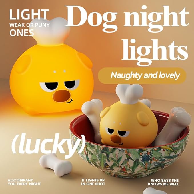 ATSUI Cute LED Night Light for Kids, Squishy Dog Design, 3 Level Dimmable, Food Grade Silicone Construction