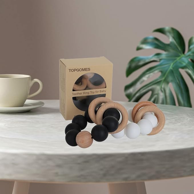 Silicone Baby Teether, Food Grade Silicone & Beech Baby Teething Toy, BPA Free (Black)