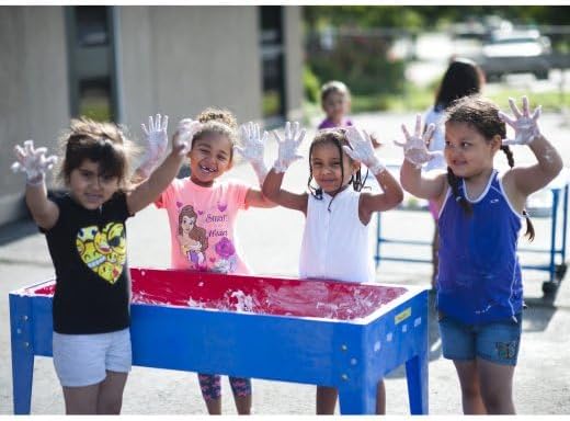Constructive Playthings Indoor/Outdoor Sand and Water Activity Table for Kids Ages 1-3, Classroom Play Table with Dry-Erase Top and 2 Side Trays, Blue/Red, 18" H