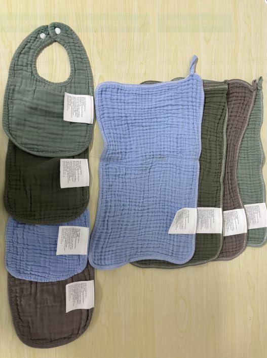 Tallew 8 Pack Baby Bibs and Muslin Burps for Baby Boy Girl Drooling and Teething 20" x 10" Burp Cloths Absorbent Rag Soft Cotton Bibs for Newborn Toddler Infant 0-24 Month Essentials(Blue Series)