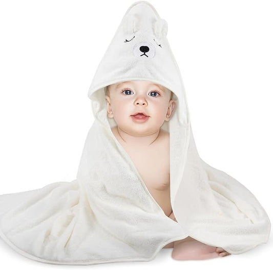 Baby Bath Towel,Ultra Soft Hooded Baby Towel,Toddler Bath Towels with Animal Design,Absorbent Baby Hooded Towel Shower Gifts for Baby Boys Girls,31.5x31.5 inch(White Bear)