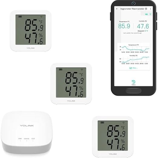 YoLink Indoor Hygrometer Thermometer, 3-Pack, 2-Year Data Storage Export, Advanced Offline Storage, LoRa Tech, App Push, Email, SMS, Hub Included