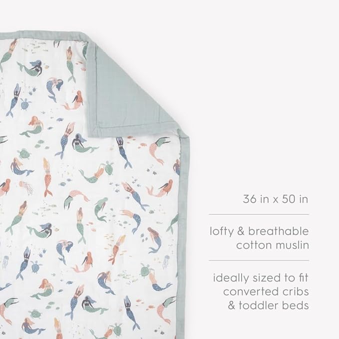Little Unicorn Lofty Comforter Blanket | Super Soft & Breathable Muslin Fabric| Great for Play & Bedtime Blanket (Mermaid Party)