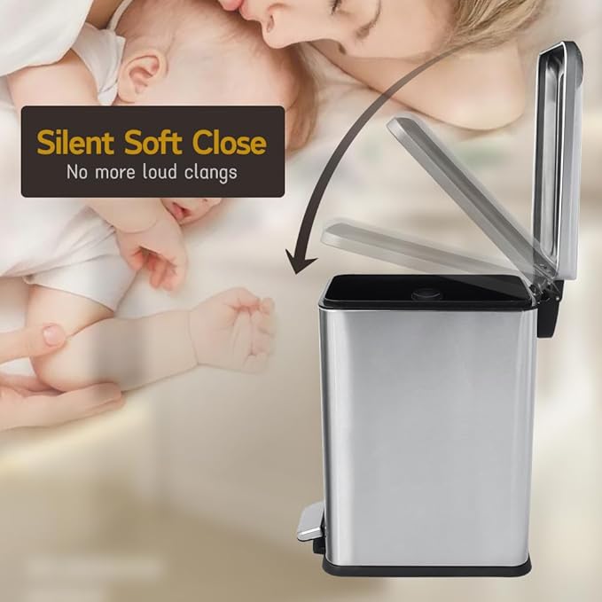 Bathroom Trash Can, 2.6 Gallon Trash Can with lid, Stainless Steel Garbage Can with Removable Liner Bucket, Pedal Rectangle Trash Bin for Bathroom, Office, Kitchen, Bedroom, 10 Liter