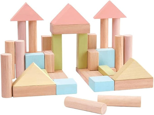 PlanToys 40 Piece Unit Block Building and Construction Block Set (5507) | Pastel Color Collection |Sustainably Made from Rubberwood and Non-Toxic Paints and Dyes
