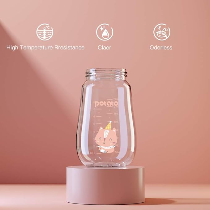 POTATO Glass Baby Bottles, Anti-Colic Breastfeeding Bottles with Fast Flow Nipple, Suitable for Babies 6-12 Months, 2 Replaceable Nipples, 8 oz, Pink