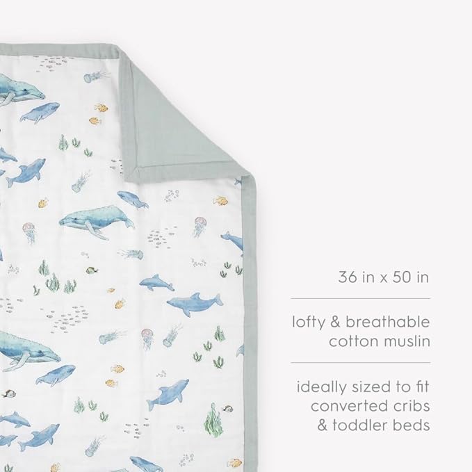 Little Unicorn Lofty Comforter Blanket | Super Soft & Breathable Muslin Fabric| Great for Play & Bedtime Blanket (Whales)
