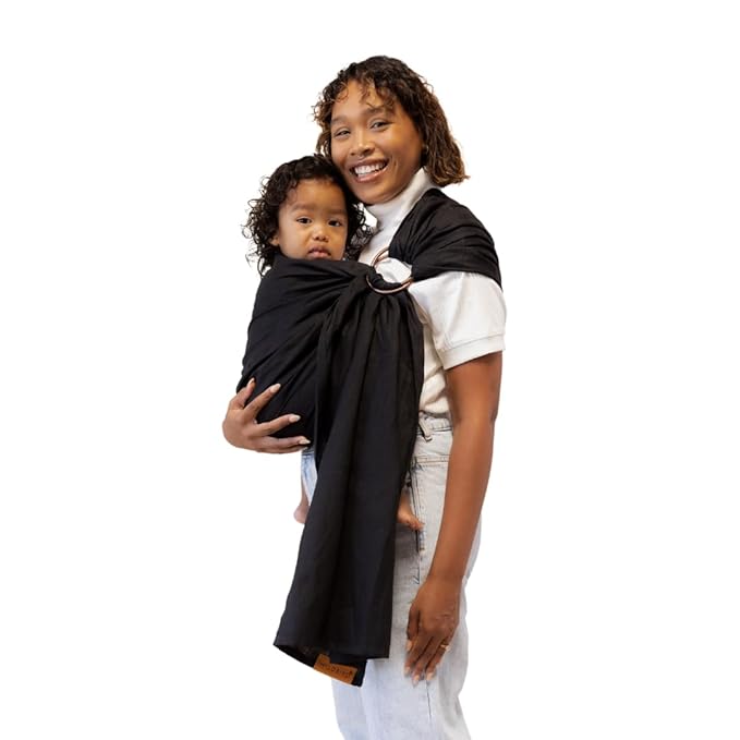 WildBird - Ring Sling Baby Carrier - Newborn to Up to 35 lbs - for Moms, Dads & Caregivers - 100% Natural European Linen Fibers - Versatile & Adjustable - 90” Size - Raven Fabric & Black Ring