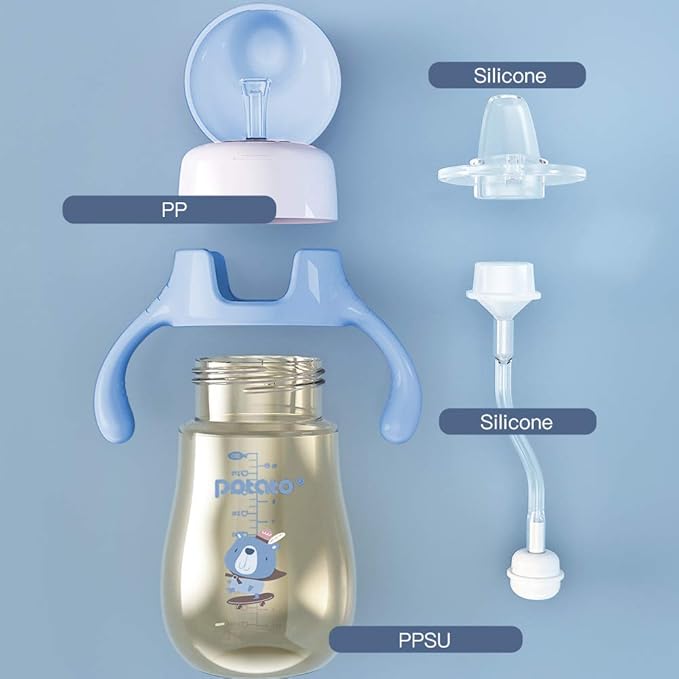 POTATO Sippy Cups for Toddlers with Straw Spill Proof, PPSU Learner Cup with Handle for Boy, Water Bottle for Baby 6 Months with 2 Type of Spout, 10 Ounce Blue