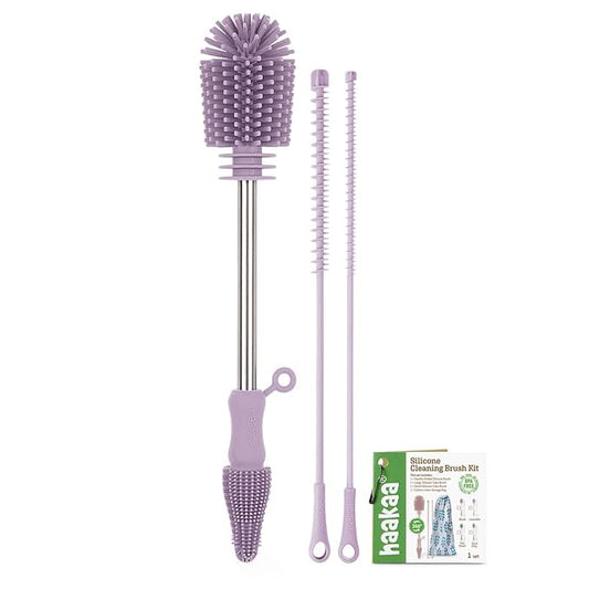 haakaa Silicone Cleaning Brush Kit - Baby Bottle Brush Cleaner for Breast Pump,Nipple,Breast Milk Storage Bag,Reusable Straw,Sippy Cup - Food Grade Silicone Bristles, Portable - 3 Pcs - Lavender