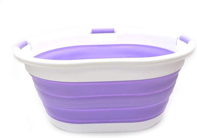 SAMMART 57L (15 Gallons) Collapsible 3-Handled Plastic Laundry Basket - Oval Tub - Portable Washing Tub-Space Saving Laundry Hamper, Water Capacity 44L / 11.6 Gallon (1, Lt. Purple)