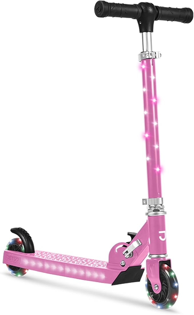Jetson Jupiter Kids 2-Wheel Light-Up Kick Scooter, LED Lights on Handlebar, Stem, Wheels & Deck, Adjustable Handlebar, Rear Brake, Easy-Folding Mechanism, Ages 5+