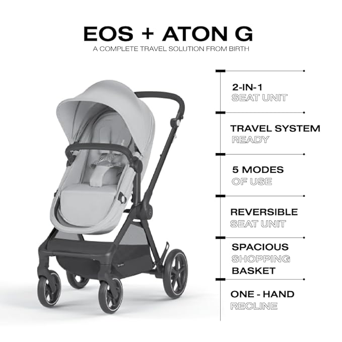 Cybex EOS 5-in-1 Travel System Stroller + Lightweight Aton G Infant Car Seat, Lava Grey