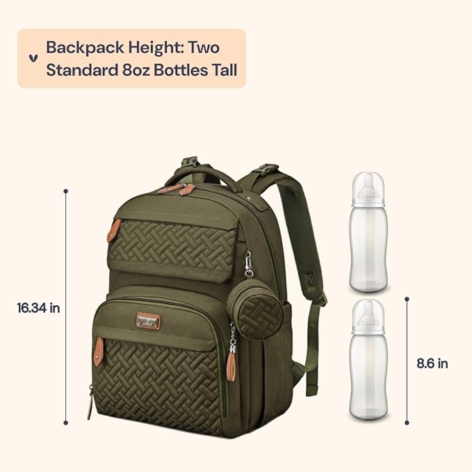 BabbleRoo Diaper Bag Backpack, Travel Backpack with Changing Pad, Pacifier Case & Stroller Straps, Multifunction, Waterproof, Unisex – Army Green