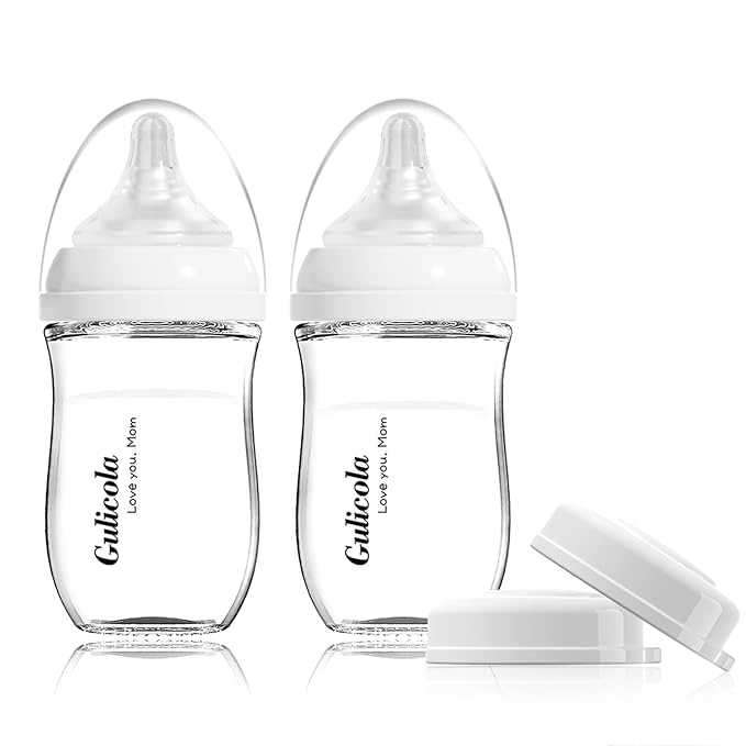 Gulicola Natural Glass Baby Bottle for Breastfeeding Babies, Newborn Anti-Colic Bottle Set with Slow Flow Nipple, 0-3 Months, 5 oz, 2 Pack - White