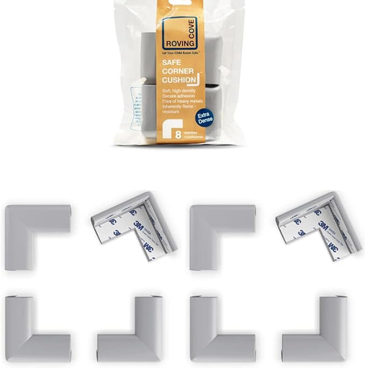 Roving Cove Slimfit Corner Protector for Baby Proofing (8 Small Corners), Soft Rubber Foam Furniture Safety Bumper Guards, 3M Adhesive Pre-Taped, Stone Grey