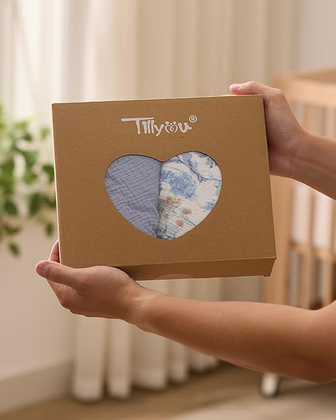 TILLYOU Muslin Hooded Baby Towels for Newborn 2 Pack, 32x32Inch Soft Baby Bath Towel Highly Absorbent for Newborn and Infant, Essential for Newborn Care, Blue Flower