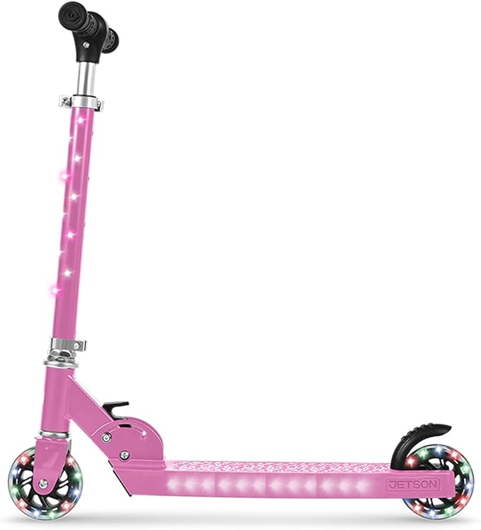 Jetson Jupiter Kids 2-Wheel Light-Up Kick Scooter, LED Lights on Handlebar, Stem, Wheels & Deck, Adjustable Handlebar, Rear Brake, Easy-Folding Mechanism, Ages 5+