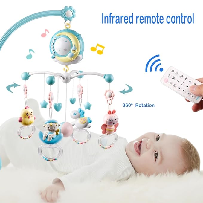 Baby Musical Crib Mobile with Timing Function Projector Lights,Stand-Along Rattles and 150 Melodies Music Box with Remote Control for Newborn 0-24 Months