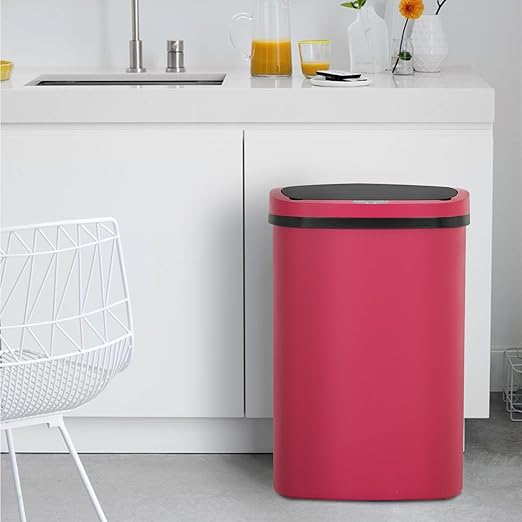 BestOffice | 13 Gallon Plastic Trash Can with Lid | Red | Automatic Touchless Garbage Can | Odor Control | Modern Oval Design | Easy to Clean | Fits Any Kitchen, Bathroom, Office or Home
