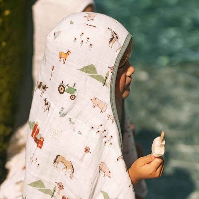 Little Unicorn Premium Hooded Bath Towel| Absorbent Cotton & Terry Blend | Larger Size, 1-6 Years (Farmyard)