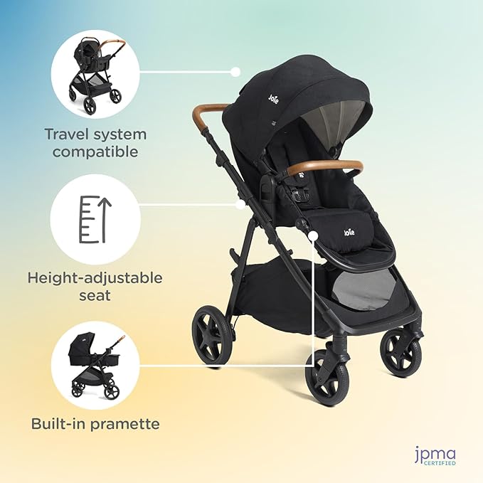 Joie Ginger 4-in-1 Convertible Pramette and Stroller with A Deep Recline, Height Adjustable seat, All-Terrain Wheels, Extra Storage – for Newborns and Toddlers (Shale Dark)