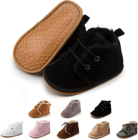 Baby Unisex Warm Snow Boots Newborn Leather Fur Lace Up Ankle Anti-Slip Rubber Texture Sole Toddler Prewalker Winter Crib Shoes