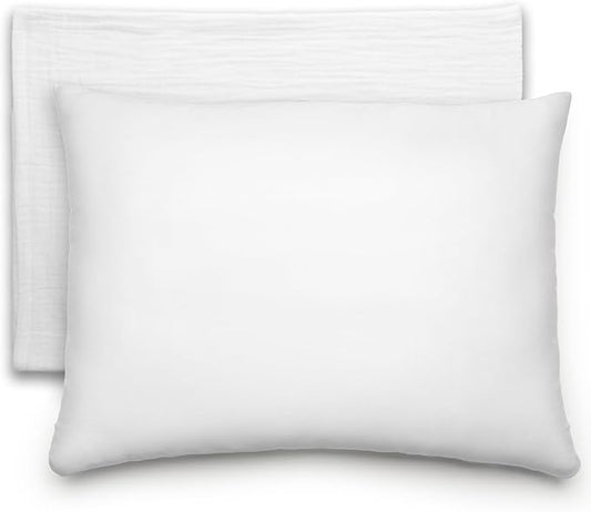Comfy Cubs Toddler Pillow with Muslin Pillowcase, 13 x 18 in - Travel and Sleep Support for Kids - Lightweight, Breathable Microfiber Fill - Soft and Cozy Small Pillow for Toddlers - White