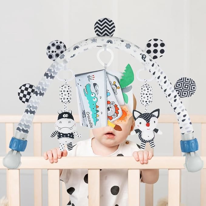 Caterbee Baby Activity Travel Mobile Arch Bassinet Toy, Black and White High-Contrast Bouncer Toy bar, Crib Toys with Hanging Animals, Stroller Attachment(Farm)